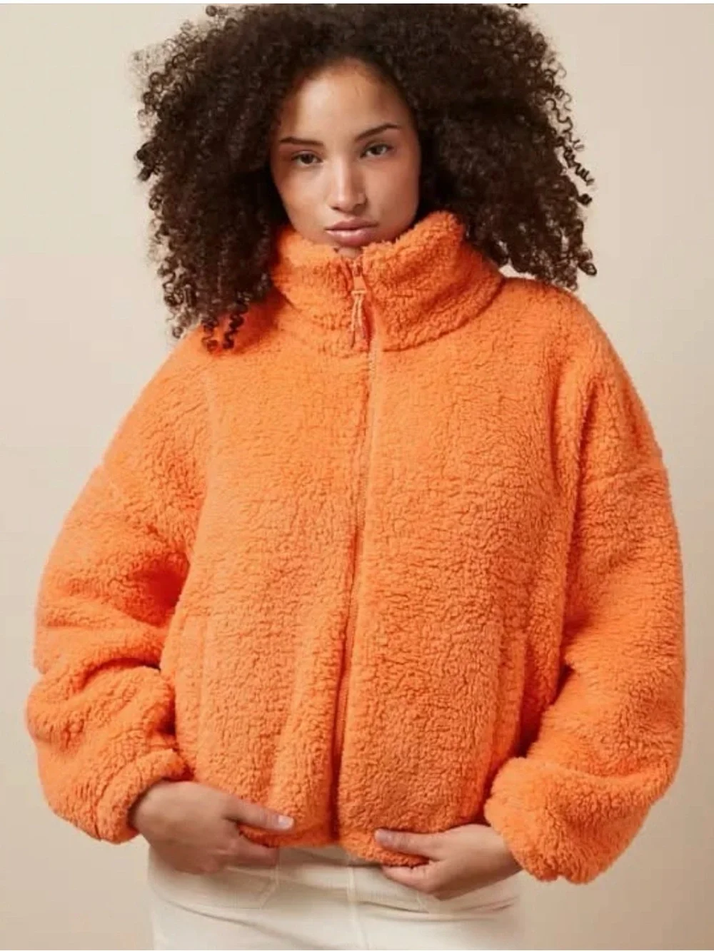 American Eagle. This Feels Seriously HUGGABLE Cozy Orange Sherpa Zip-Up Jacket - Picture 2 of 14